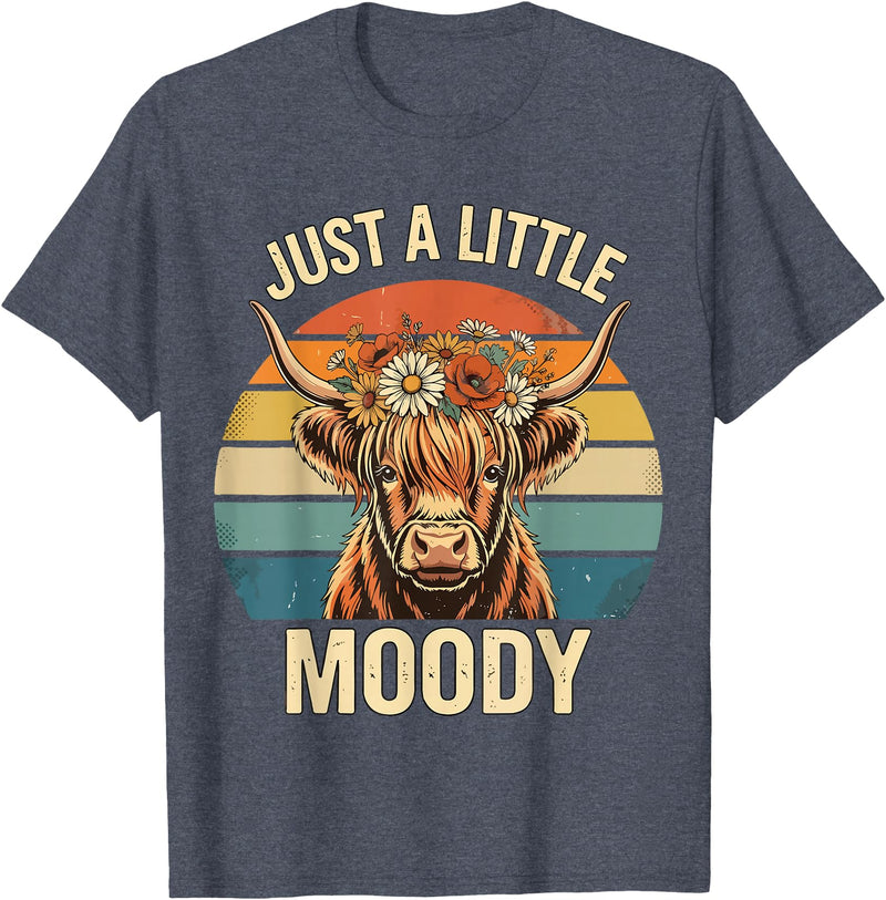 Just A Little Moody Funny Cow Tee Highland Cow Vintage Flower Funny Farm Farmer T-Shirt - Heather Blue