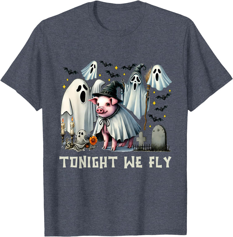 Pigaboo Farm Halloween Tonight We Fly Pig Farm Animal Lover Halloween T-Shirt - Heather Blue