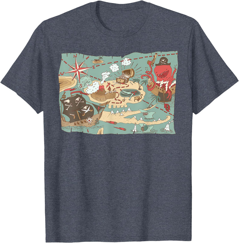 Mel & Bear Treasure Map Ship Sharks Pirates & Skulls Shirt Boys Kids T-Shirt - Heather Blue