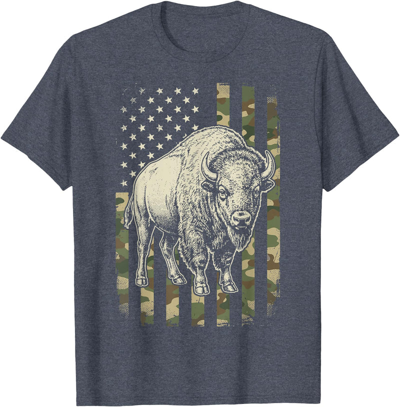 Usa Patriot American Bison Western Bufallo Bison USA Flag American Buffalo 4th of July T-Shirt - Heather Blue
