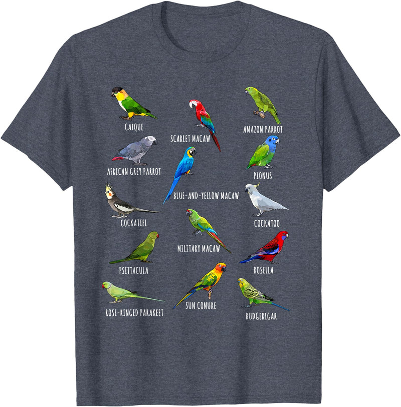 Do You Know Birds Co. Different Parrot Species Biology Types Bird Identification T-Shirt - Heather Blue