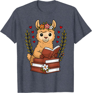 Bookworm Cute Llama Reading Book Llama Reading Book Graphic Llama with Book Floral T-Shirt - Heather Blue