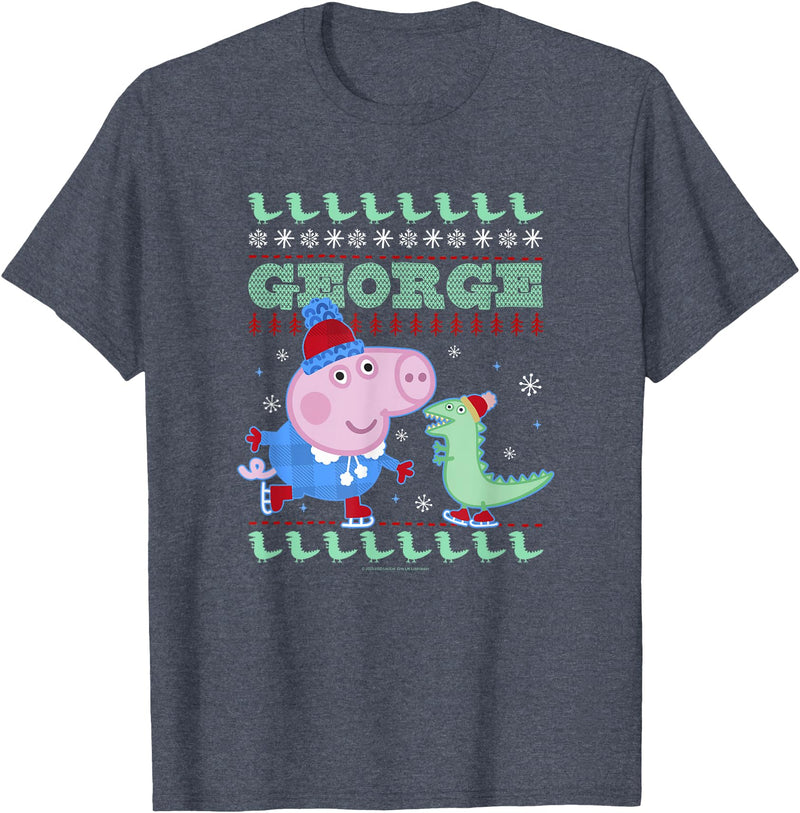 Peppa Pig George Pig Ice Skating Ugly Christmas Sweater T-Shirt - Heather Blue