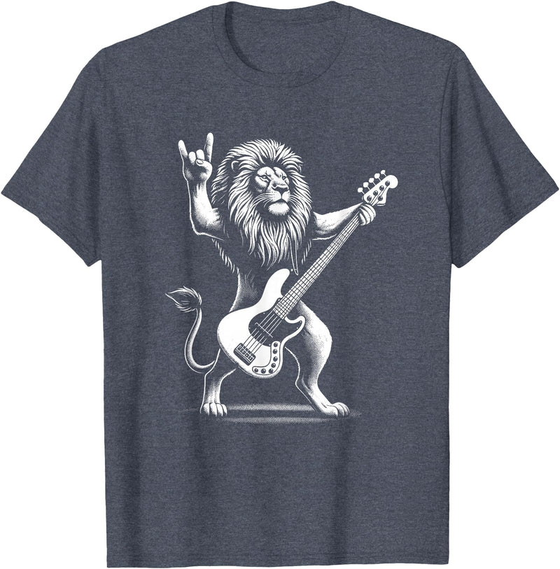 Funny Guitar Lion Lovers Costume for Guitarist Rock n Roll Lion Playing Guitar Funny Men Women Lion T-Shirt - Heather Blue