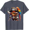 Funny Pirate Highland Cow Apparel Pirate Highland Cow with Colorful Parrot T-Shirt - Heather Blue