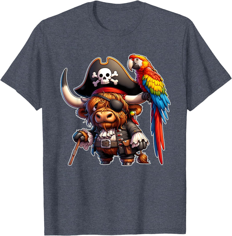 Funny Pirate Highland Cow Apparel Pirate Highland Cow with Colorful Parrot T-Shirt - Heather Blue
