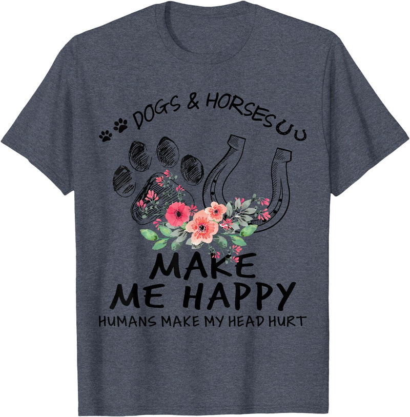 Dogs Horse Lover Tee Dogs & Horses Make Me Happy Floral Funny Gift For Women T-Shirt - Heather Blue