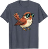 Chipper Feather Co Bird: Sparrow in Sunglasses, Cool Cartoon Avian Attitude T-Shirt - Heather Blue