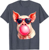 Pig Humor Designs Womens Pig Blowing Bubble Funny Pig T-Shirt - Heather Blue