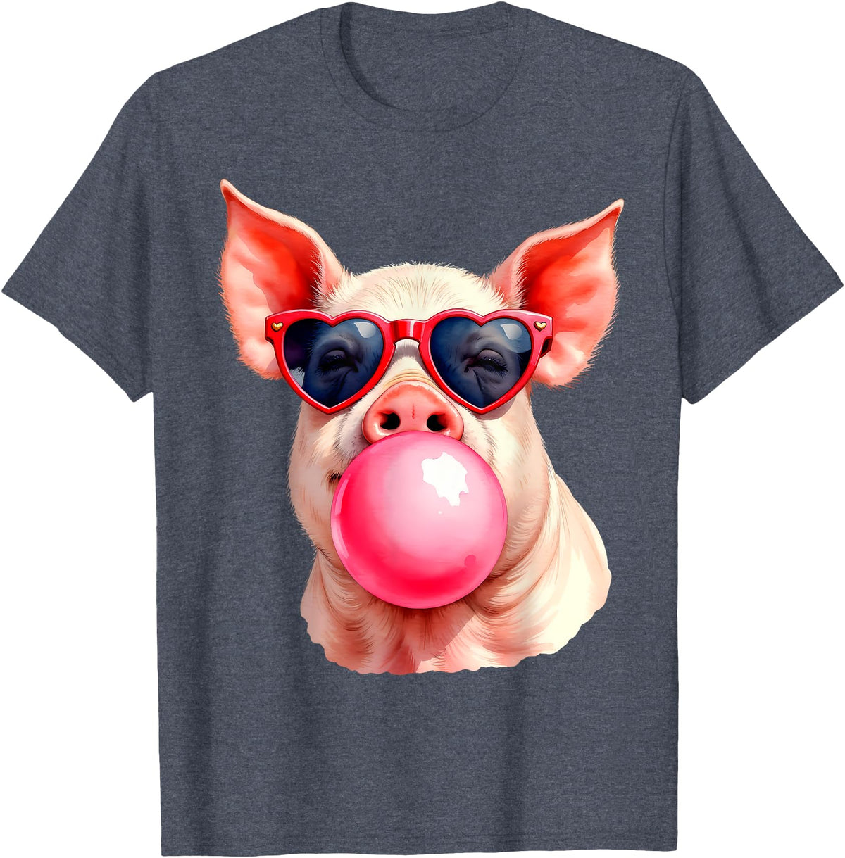 Pig Humor Designs Womens Pig Blowing Bubble Funny Pig T-Shirt - Heather Blue