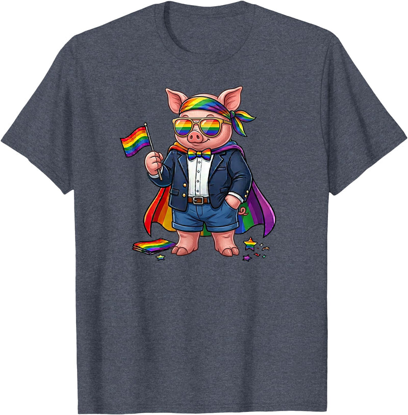 LGBTQ Pig Lovers Costume for Boy Girl Funny Pig LGBT Rainbow Lesbian Gay Pride Women Men T-Shirt - Heather Blue