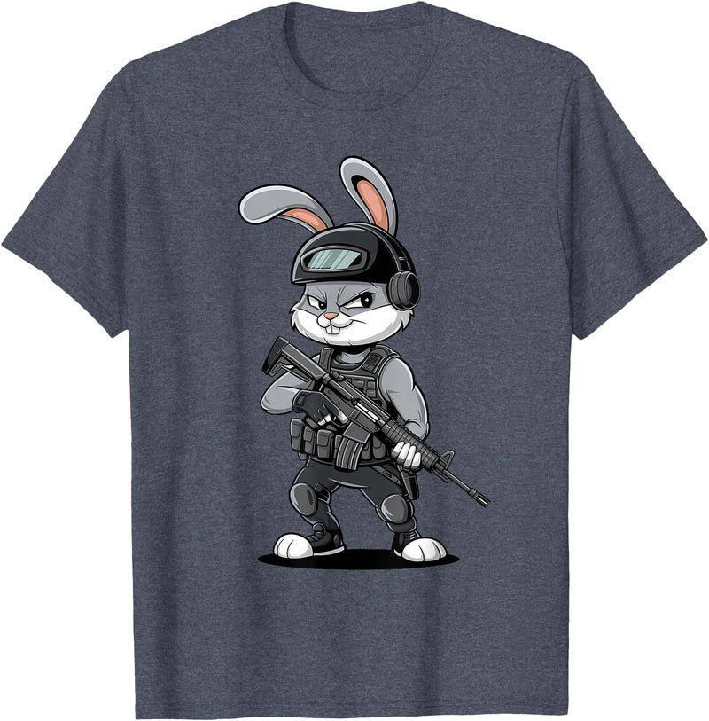 Armed Bunny Easter Military Rabbit Graphic for Men T-Shirt in Heather Blue