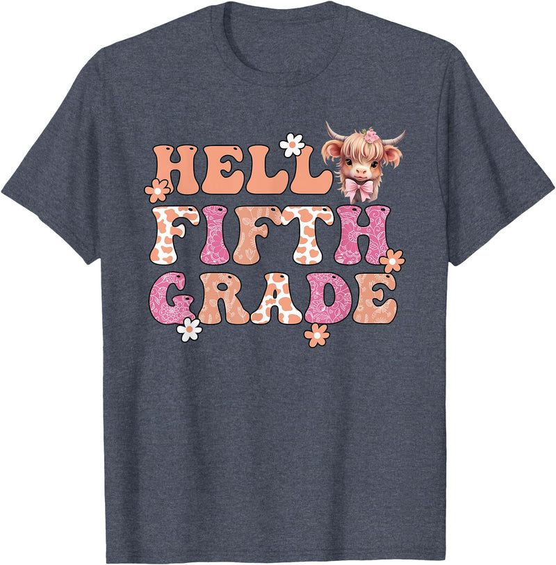 Highland Cow Print First Day of Fifth Grade Tees Hello Fifth Grade Highland Cow Back To School 5th Grade T-Shirt - Heather
