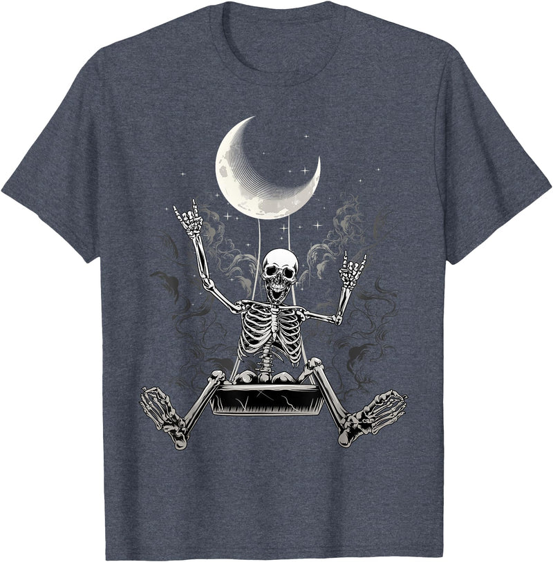 Skeleton Love Halloween Moon Skeleton Rock On Hand Spooky Halloween Rock Concerts T-Shirt - Heather Blue