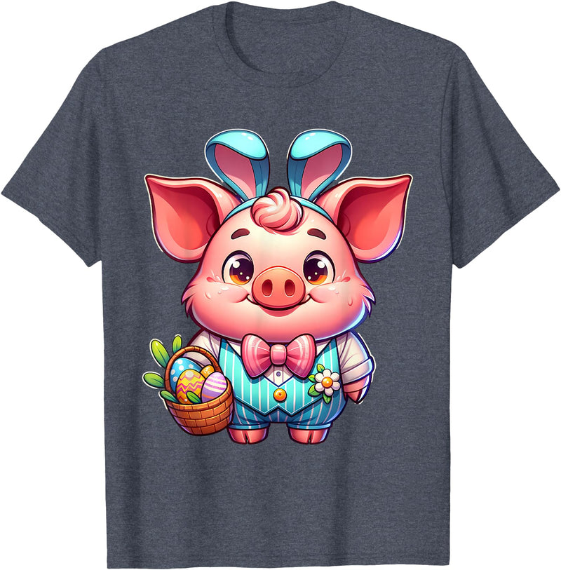 Pig Easter Designs. Easter Pig Bunny Ears Eggs Cute Farm Animal T-Shirt - Heather Blue
