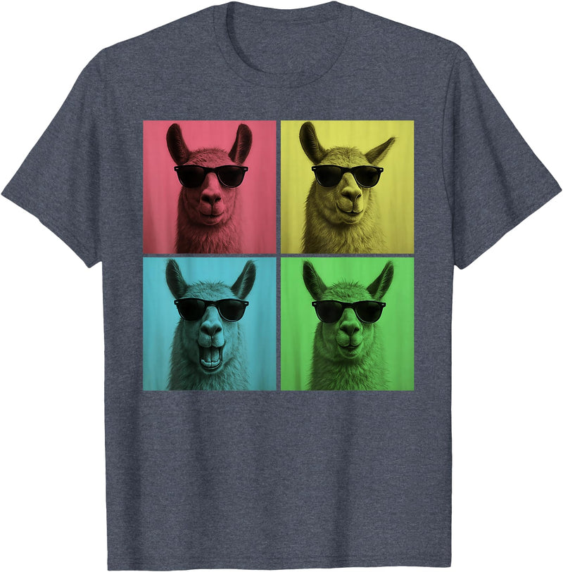Retro Cute Llama Portrait with Sunglasses Llama Funny Pop Art Llama Lover Photo Booth T-Shirt - Heather Blue