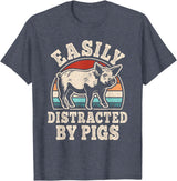 BALARI Easily Distracted by Pigs Funny Retro Pig Farmer Men Women T-Shirt - Heather Blue