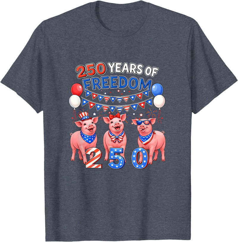 Farmer 4th Of July Costume 250th Freedom 4th of July US Flag Fireworks Three Cute Pigs T-Shirt - Heather Blue