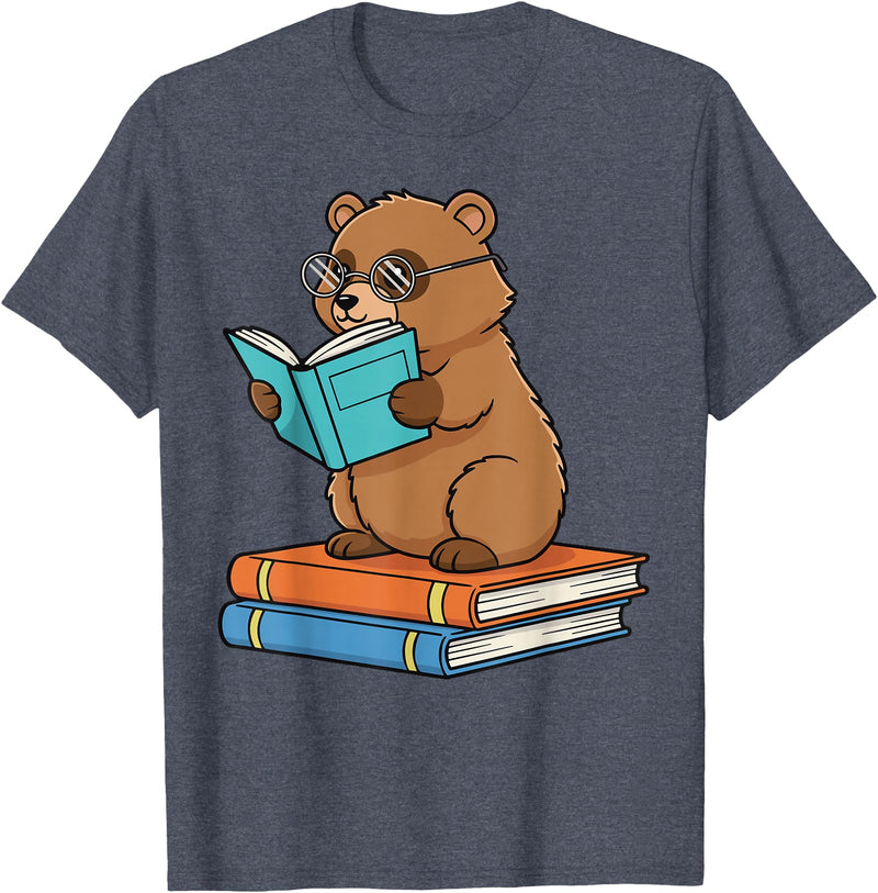 Reading Bear Bookworm Tee Reading Bear Bookworm Cute Bear with Glasses Books T-Shirt - Heather Blue