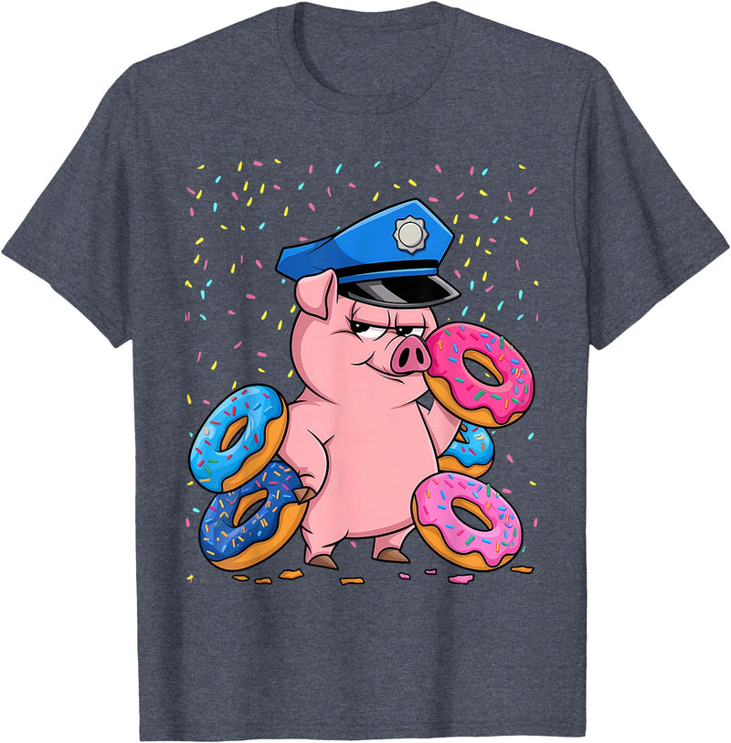 Pig Lover Gift Co. | Unisex Pig Cop Police Officer Doughnut T-Shirt - Black, Small, Short Sleeve - Heather Blue