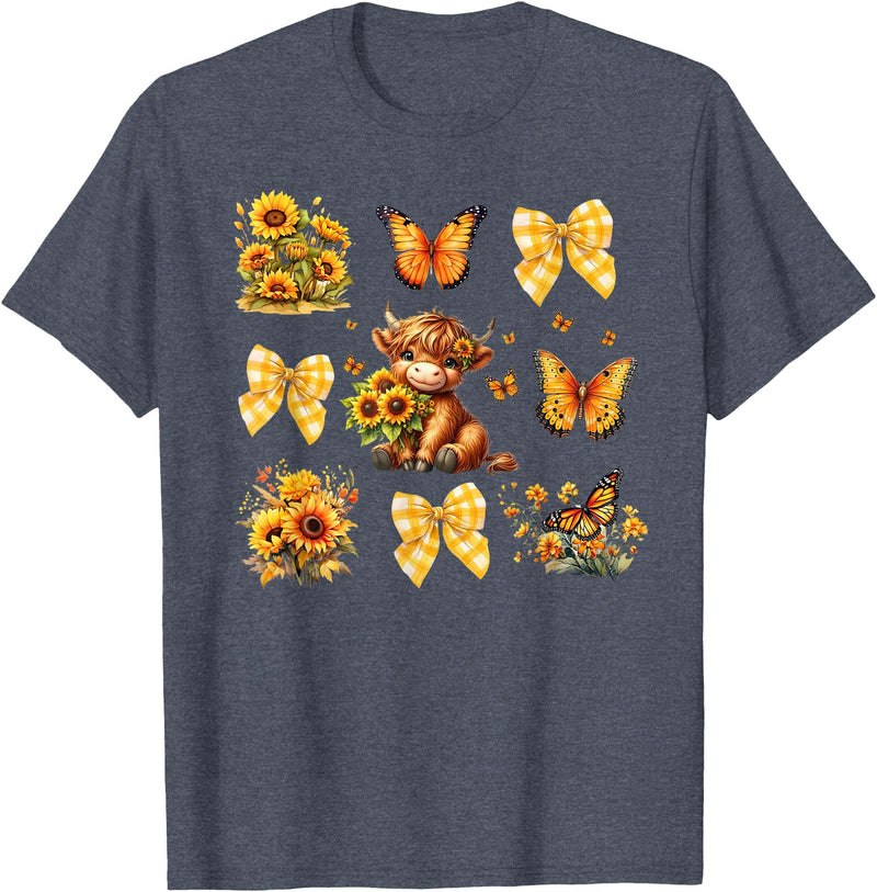 Coquette Bow Scottish Highland Cow Sunflower Shirt Baby Highland Cow With Sunflower Butterflies Farm Western T-Shirt -