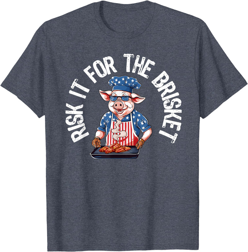 Funny Grill Pig Barbeque Pitmaster Designs for Men Risk It For The Brisket Funny Pig Grilling Barbecue Pork BBQ T-Shirt - Heather Blue