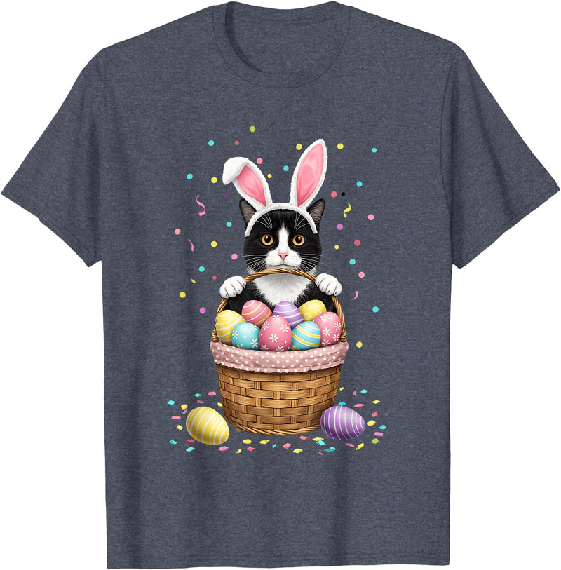 Cat Bunny Ears Eggs Meowy Easter Rabbit Lover Men Women Kids T-Shirt in Heather Blue