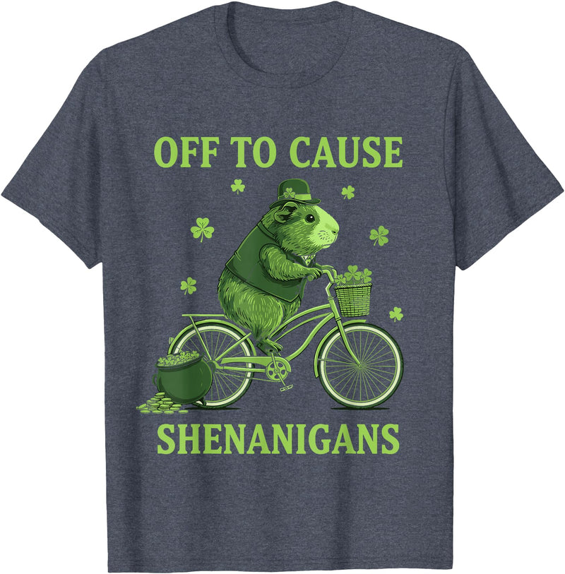 Funny St Paddys Day Cute Guinea Pig Bicycle Off to Cause Shenanigans Guinea Pig St Patricks Day T-Shirt - Heather Blue