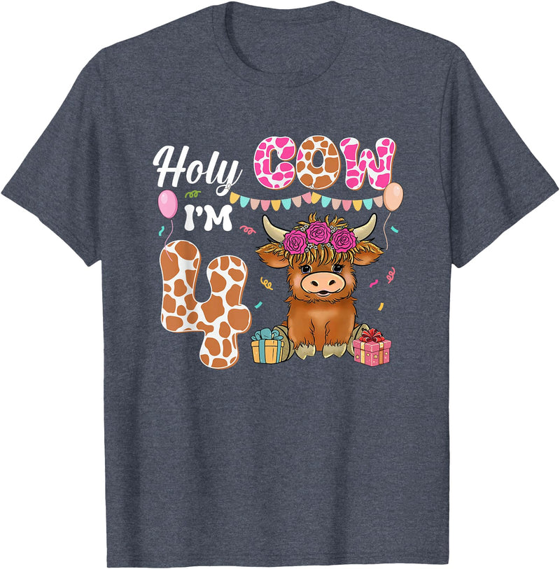 Holy Cow I'm 4 Highland Cow 4th Birthday Holy Cow I'm 4 Highland Cow Farming 4th Birthday 4 Years Old T-Shirt - Heather Blue