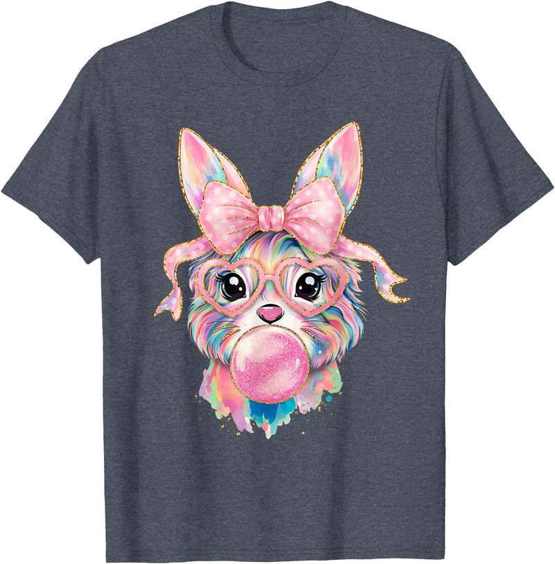 Funny Bunny Face Glasses Rabbit Coquette Bow Easter Trendy T-Shirt in Heather Blue