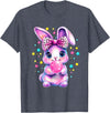 Cute Coquette Bow Tie Dye Rabbit Easter Bunny Girl Kids T-Shirt in Heather Blue
