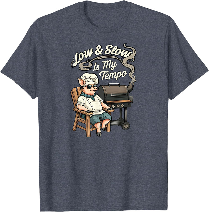 Pitmaster Pig Apparel Low & Slow Is My Tempo Pig BBQ Smoker T-Shirt - Heather Blue