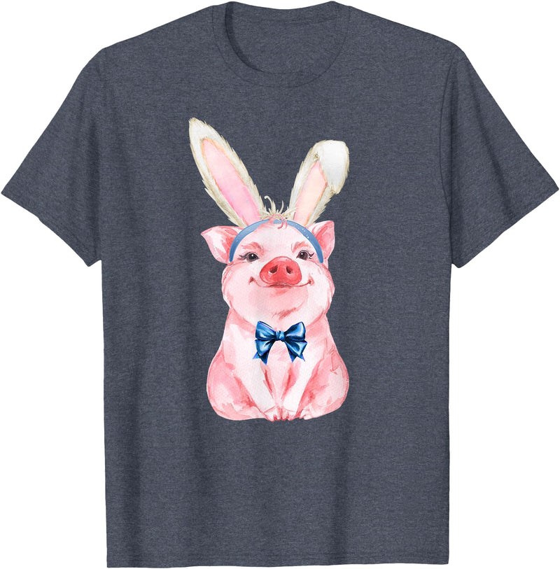 Dibble Dabble Easter Designs Adorable Easter Pig with Easter Bunny Ears - Easter Pig T-Shirt - Heather Blue