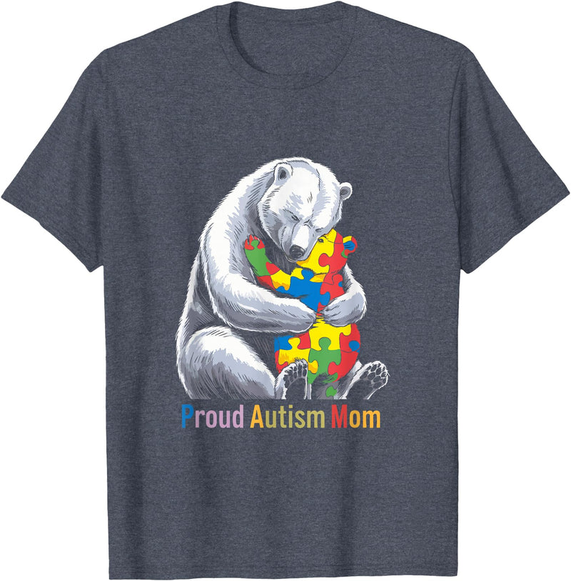 Autism Mama Mom Bear Support Autism Proud Autism Mom Bear Autism Awareness Month T-Shirt - Heather Blue