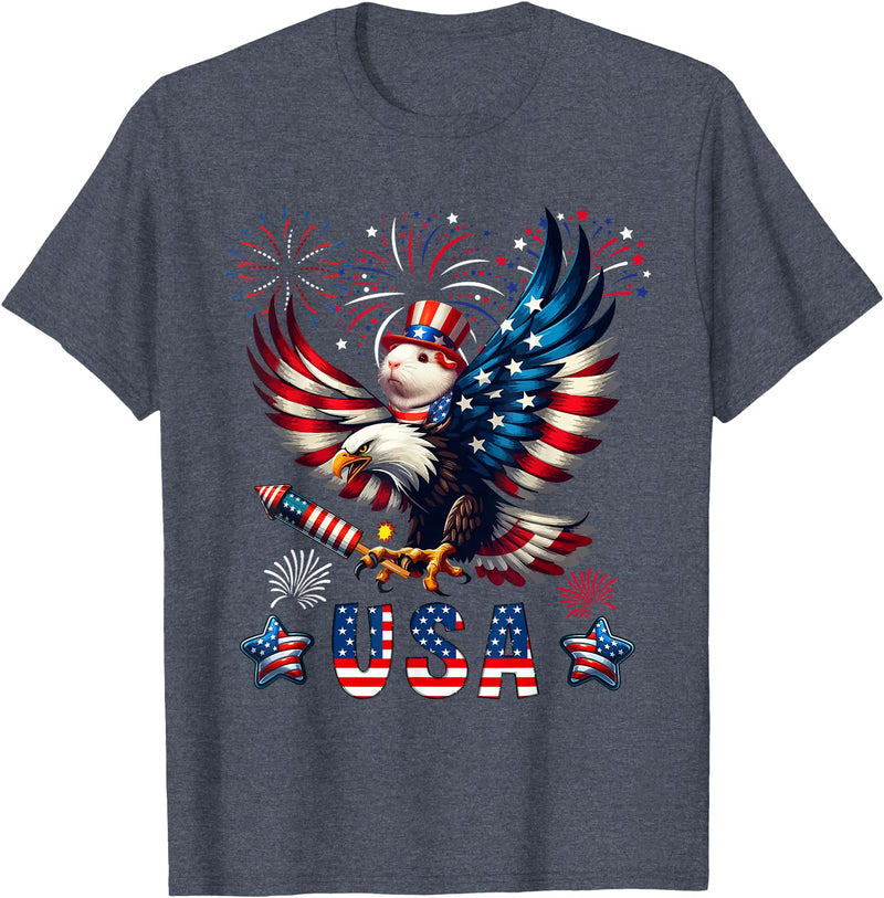 Rodent 4th Of July Costume USA 4th Of July Guinea Pig Riding Eagle Fireworks Patriotic T-Shirt - Heather Blue