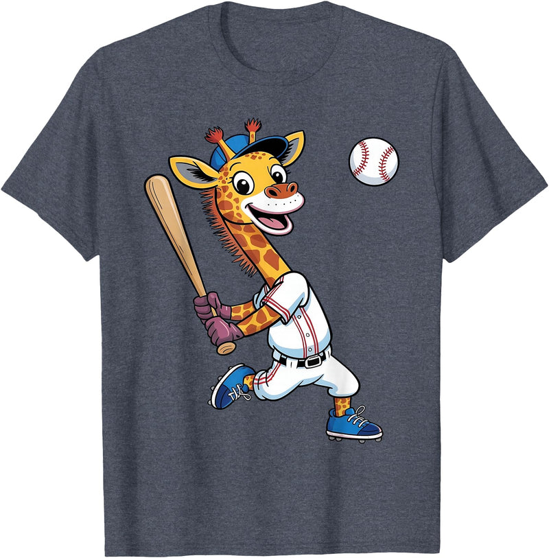 Giraffe Baseball Lover Giraffe Playing Baseball Boys Girls Kids Giraffe Animal T-Shirt - Heather Blue