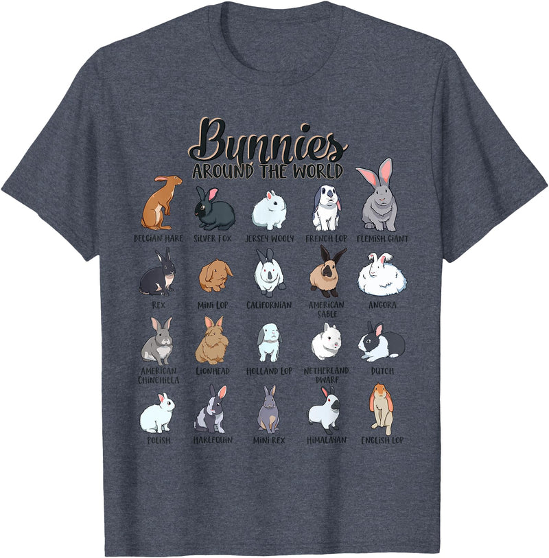 Rabbits in the World - Rabbit Breeds T-Shirt in Heather Blue