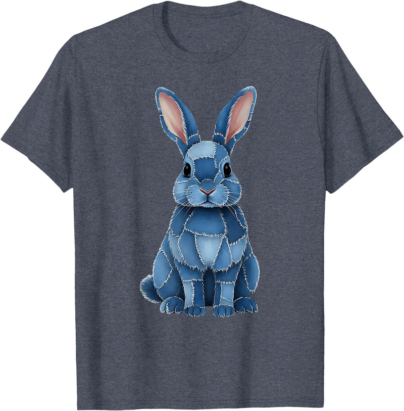 Funny Rabbit Bunny Easter Blue Denim Patchwork Style Animal T-Shirt in Heather Blue