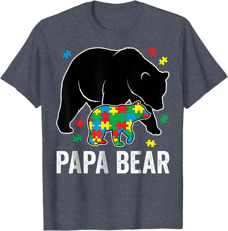 Autism Awareness Neurodiversity Support Apparel Papa Bear Autism Awareness Puzzle Neurodiversity Support T-Shirt - Heather Blue