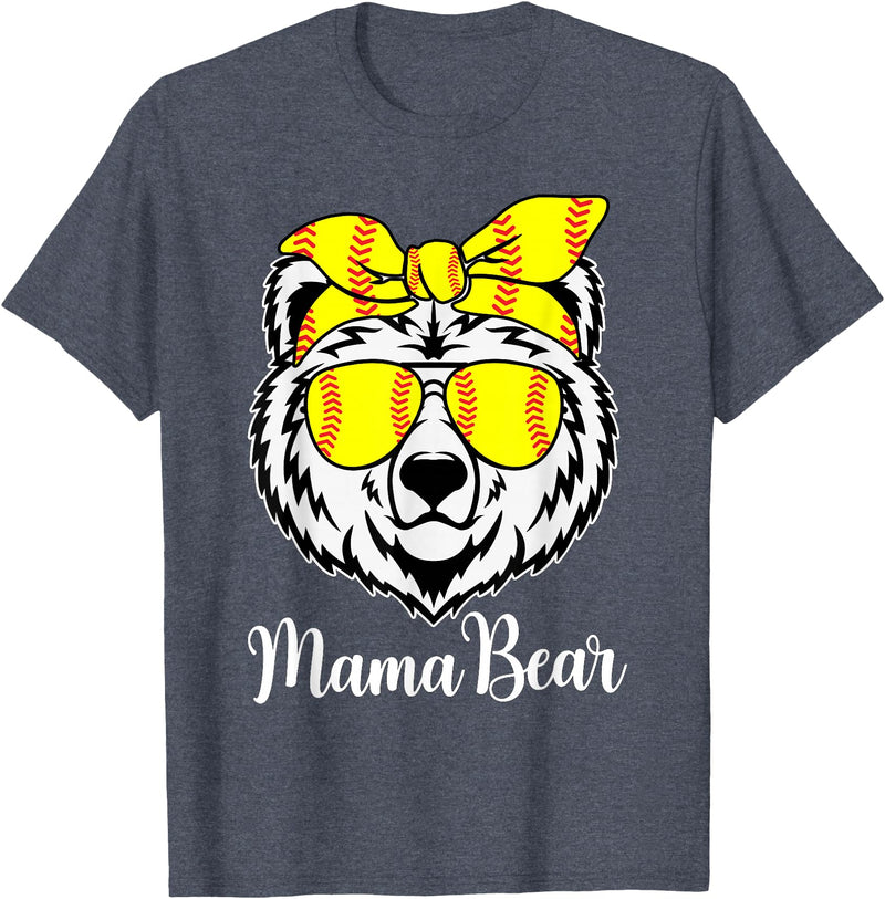 Mama Bear Face Apparel Softball Mama Bear With Sunglasses Bandana Momma Mothers Dy T-Shirt - Heather Blue
