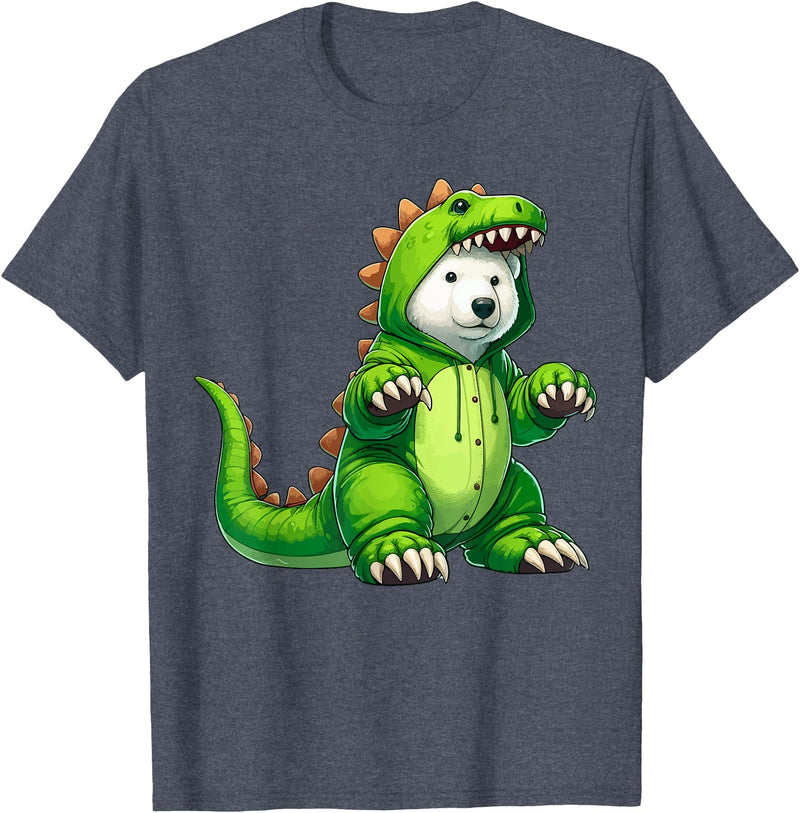 Scary Polar Bear Dinosaur Halloween Lazy Costume Polar Bear Wearing Dinosaur Costume Halloween Cosplay T-Rex T-Shirt - Heather Blue