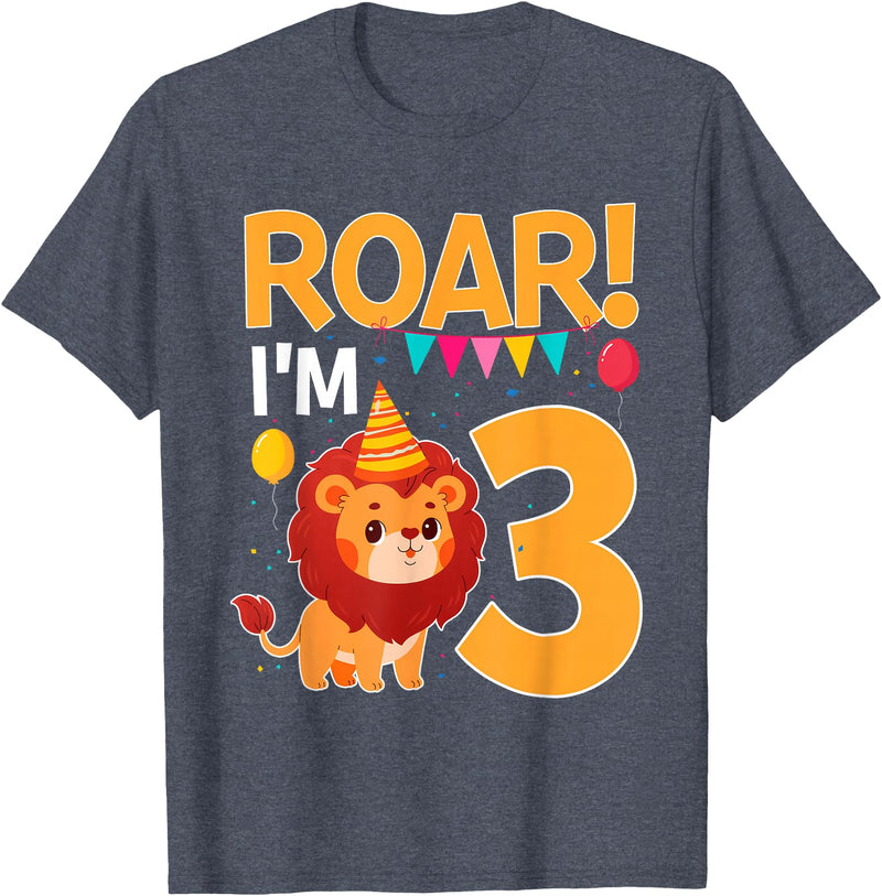 Lion 3rd Birthday Gift Roar I'm 3 Birthday Lion Theme 3 Year Old Lion Lover T-Shirt - Heather Blue