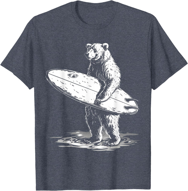Bear Surf Creations BY TEERA Surfing Bear Cool Beach Adventure Design T-Shirt - Heather Blue