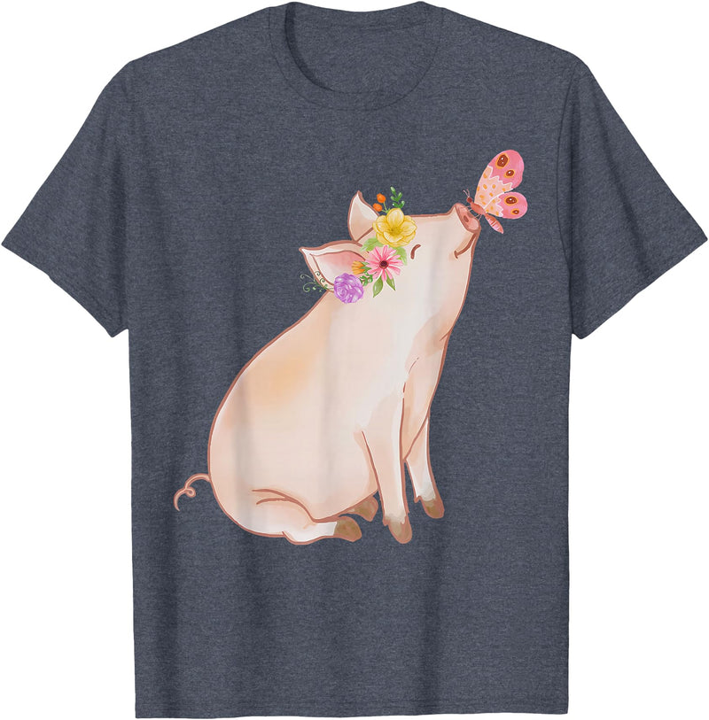 Watercolor Pink Pig With Floral And Butterfly Farm Design T-Shirt - Heather Blue