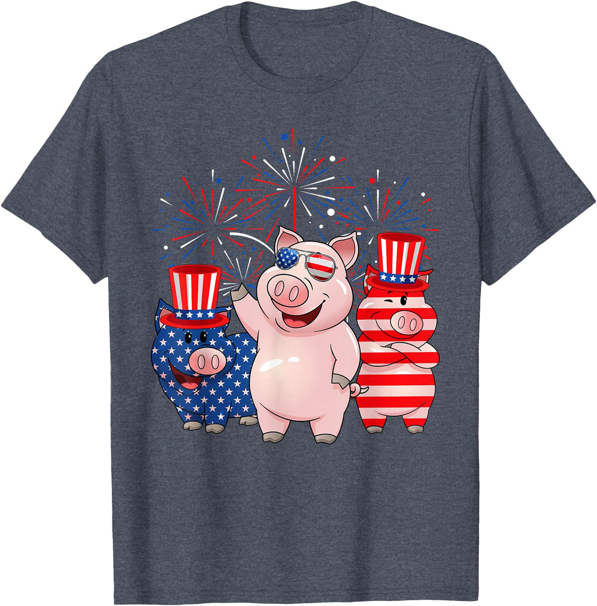Ohia Three Patriotic Pigs USA Independence Day Tee Funny Red White Blue Pig American Flag Farmer 4th Of July T-Shirt - Heather Blue