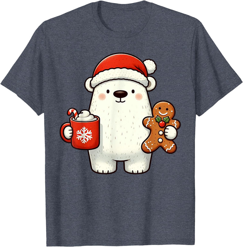 Cute Polar Bear Beanie Christmas Kawaii Japanese Polar Bear Santa Hat Christmas Holiday Xmas Coffee Cookies T-Shirt - Heather Blue