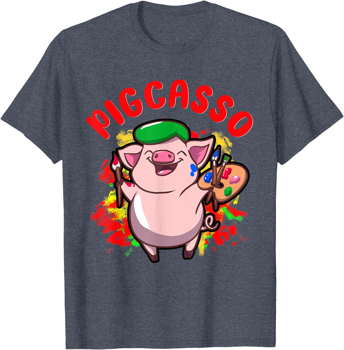 Just Pigs Please NYC Pigcasso Funny Pig Painter Painting Artist Art Lover Piggy T-Shirt - Heather Blue