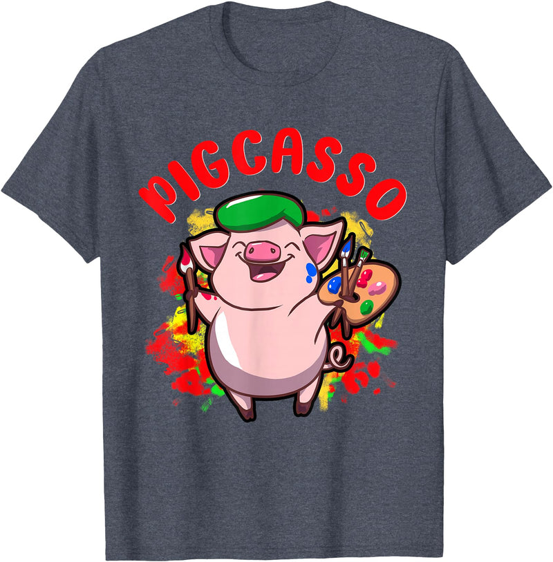 Just Pigs Please NYC Pigcasso Funny Pig Painter Painting Artist Art Lover Piggy T-Shirt - Heather Blue
