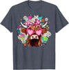 Cute Highland Cow Funny Teacher Life Retro Cute Highland Cow Teacher Bow Flower Heart Glasses T-Shirt - Heather Blue
