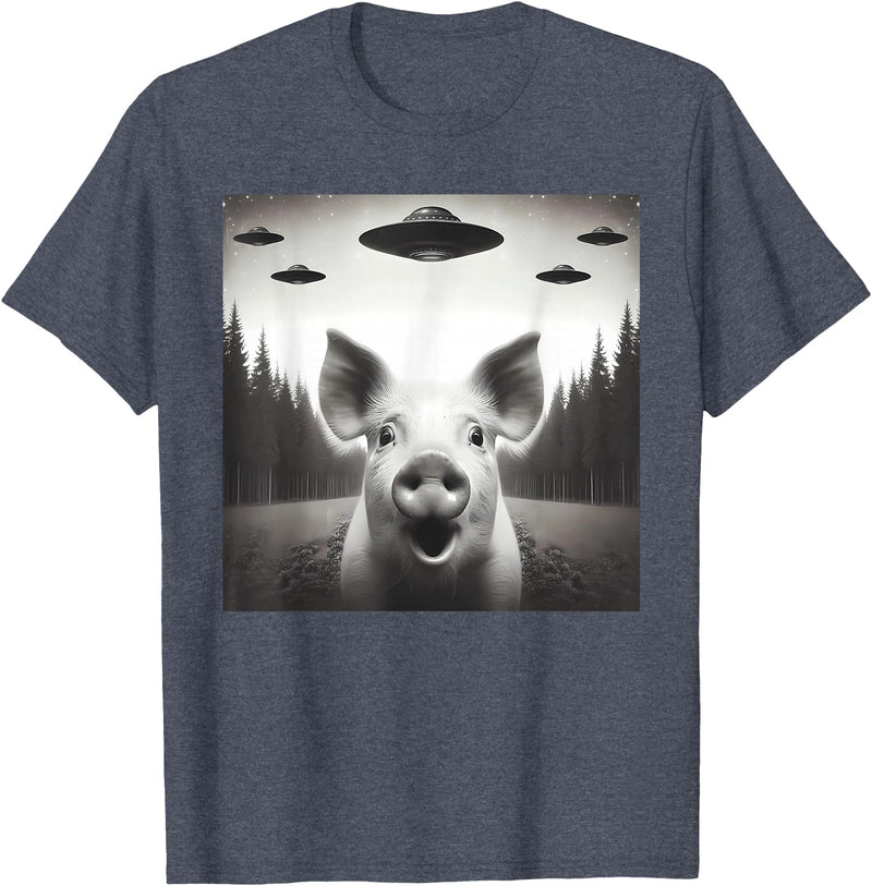 Funny Pig Selfie With UFOs Funny Pig Selfie UFO Alien Humor Vintage Print Art Design T-Shirt - Heather Blue